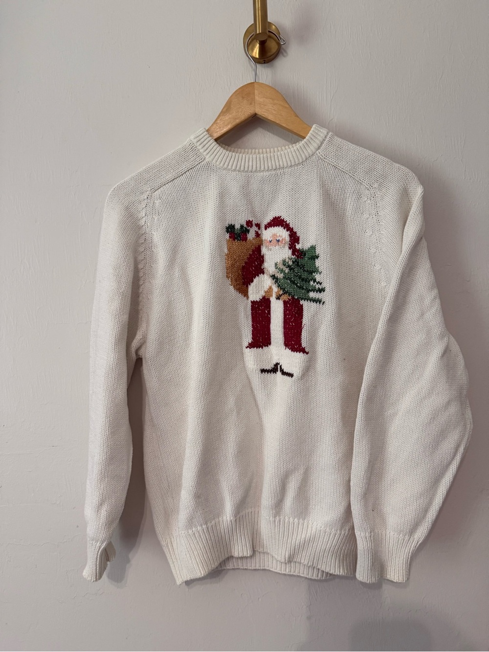 Vintage Needlepoint look White Holiday Christmas Santa Knit Sweater